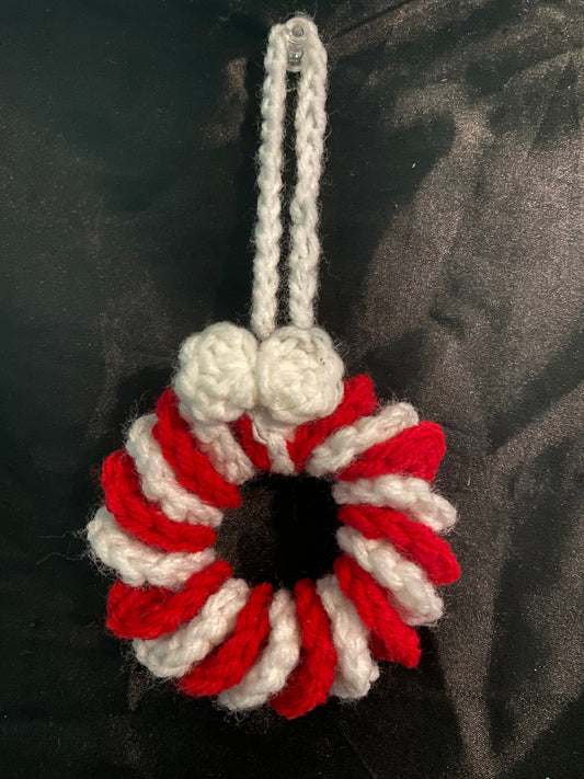 Crocheted Candy Cane Wreath Ornament